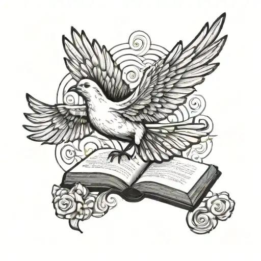 A stylized blackwork design of a dove carrying an open Bible in its beak, surrounded by swirling clouds tattoo design idea