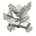 A stylized blackwork design of a dove carrying an open Bible in its beak, surrounded by swirling clouds tattoo design idea