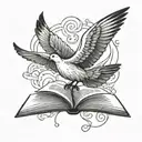 A stylized blackwork design of a dove carrying an open Bible in its beak, surrounded by swirling clouds tattoo design idea