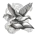 A stylized blackwork design of a dove carrying an open Bible in its beak, surrounded by swirling clouds tattoo design idea