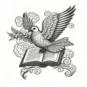 A stylized blackwork design of a dove carrying an open Bible in its beak, surrounded by swirling clouds tattoo design idea