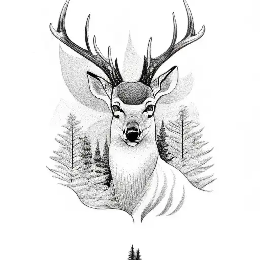 A sketch style tattoo of a Finnish forest with hidden elements and a deer peeking through the foliage tattoo design idea