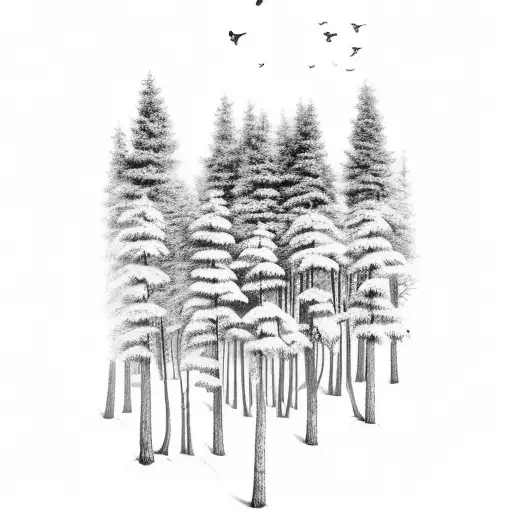 An intricate black-grey tattoo of a traditional Finnish forest cabin surrounded by tall trees and a deer nearby tattoo design idea