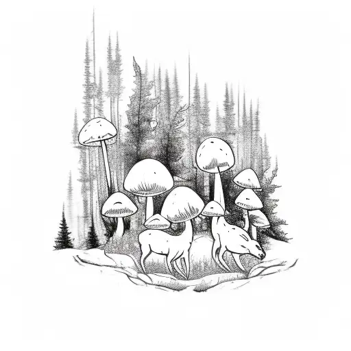 A sketch style tattoo of a Finnish forest with hidden elements like mushrooms and a deer peeking through the foliage tattoo design idea