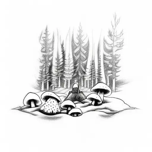 A sketch style tattoo of a Finnish forest with hidden elements like mushrooms and a deer peeking through the foliage tattoo design idea