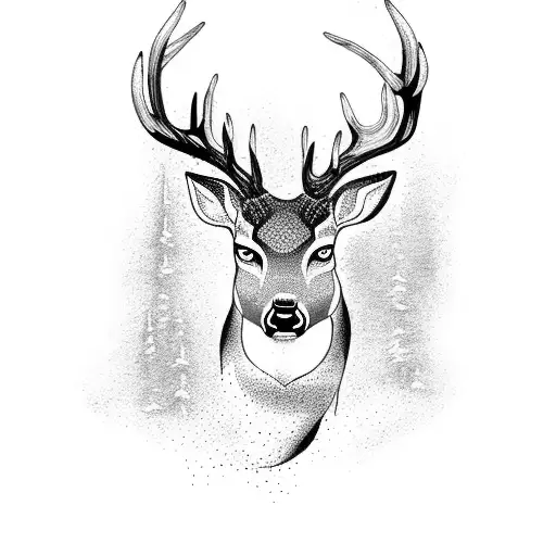 A dotwork tattoo of a Finnish folklore creature in a forest setting, with a deer as a guardian spirit tattoo design idea