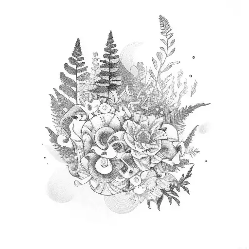 fine line style sleeve with ferns, flowers, mushrooms and bees  tattoo design idea