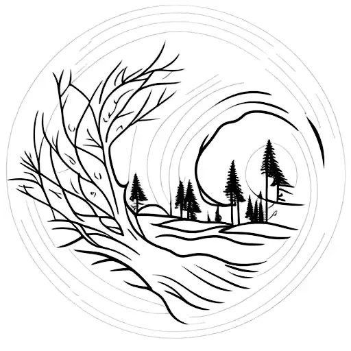 An artistic representation of a sunset with a tree silhouette and birds in flight tattoo design idea
