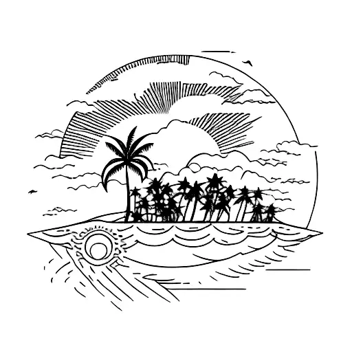 A majestic sunset over a tropical beach with palm trees and seagulls flying in the sky tattoo design idea