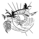 A majestic sunset over a tropical beach with palm trees and seagulls flying in the sky tattoo design idea