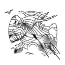 A majestic sunset over a tropical beach with palm trees and seagulls flying in the sky tattoo design idea