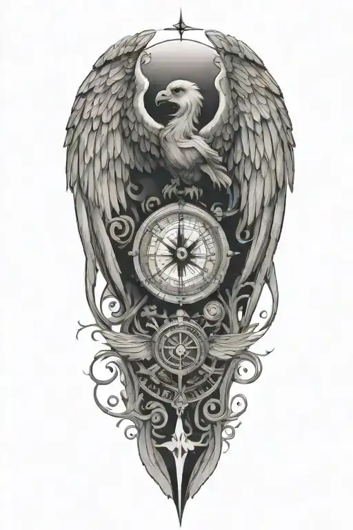 A tattoo design featuring "ENZO" and "GAIA" with wings and a compass tattoo design idea