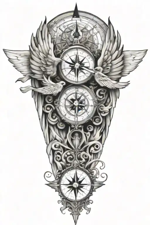 A tattoo design featuring your children's names "ENZO" and "GAIA" intertwined with wings and a compass tattoo design idea