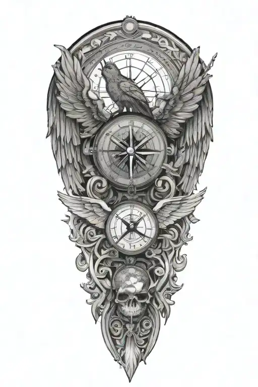 A tattoo design featuring "ENZO" and "GAIA" with wings and a compass tattoo design idea