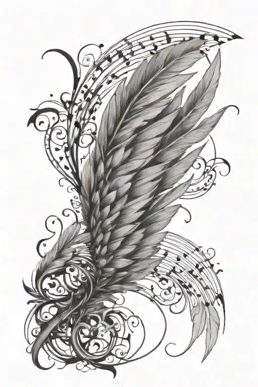Create a tattoo of an intricate wing design with hidden musical notes and sketches incorporated within the feathers tattoo design idea