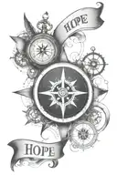 Compass with clock surrounded by design and banners saying 'hope" tattoo design idea