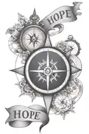 Compass with clock surrounded by design and banners saying 'hope" tattoo design idea