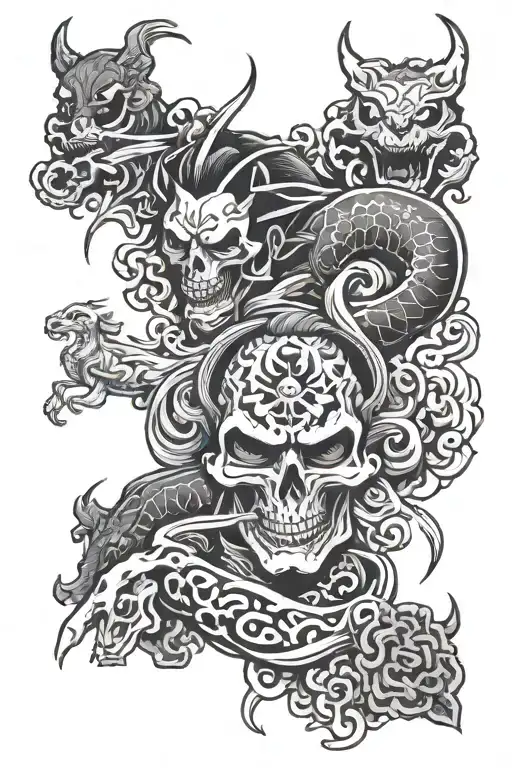 gaming with japanese mythology inspired tattoo depecting believe and death   tattoo design idea