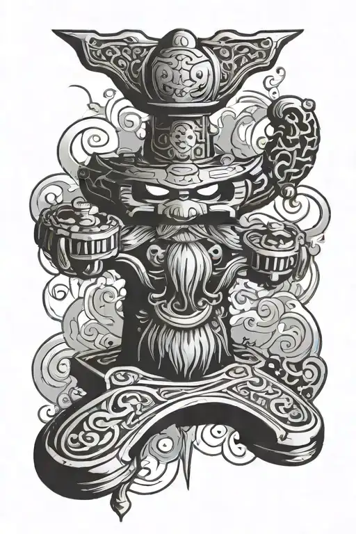 retro joystick with thor hammer and japanese mythology  tattoo design idea