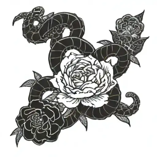 skeleton snake and peonies flower tattoo tattoo design idea
