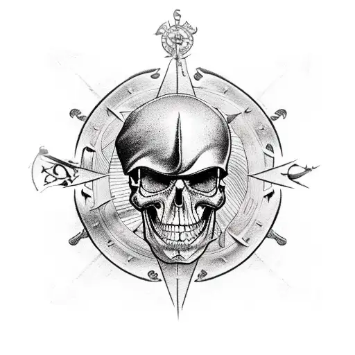 sleeve pirate, pirate ship, skulls, rough seas, compass tattoo design idea