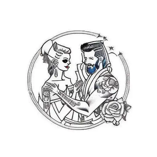 Sailor Jerry Style outline, of a marriage proposal with a blonde girl and a man on 1 knee, full body   tattoo design idea