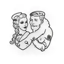 Sailor Jerry Style tattoo outline, of a marriage proposal with a blonde girl and a man on 1 knee   tattoo design idea