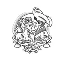 Sailor Jerry Style tattoo outline, of a marriage proposal with a blonde girl and a man on 1 knee   tattoo design idea