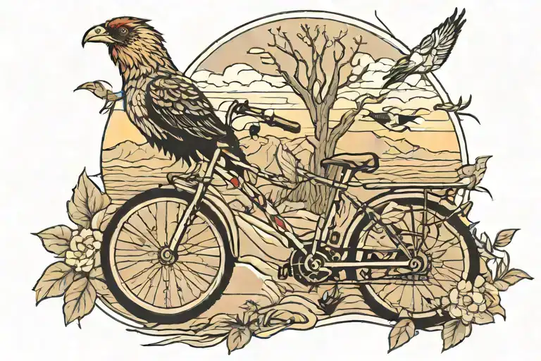 arizona landscape with a bike and 3 birds tattoo design idea