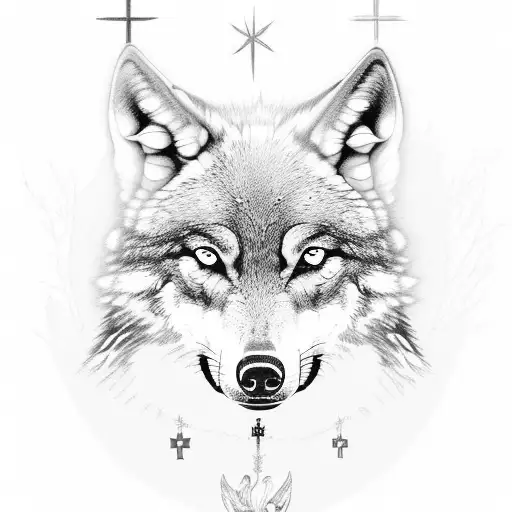 A detailed illustration of a wolf in a natural setting, surrounded by Christian symbols like crosses and doves tattoo design idea