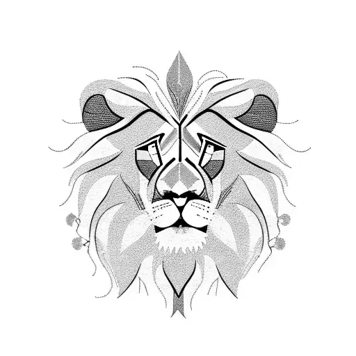 A lion in a blackwork style surrounded by a beautiful landscape tattoo design idea