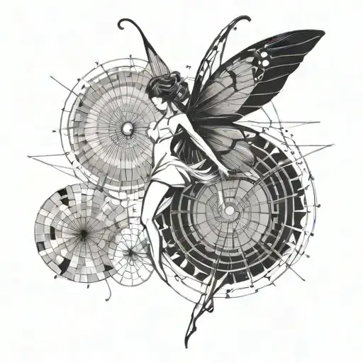 minimalist fairy flying over fibonacci spiral tattoo design idea