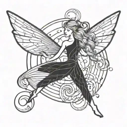 minimalist fairy flying over fibonacci spiral galaxy with stars tattoo design idea