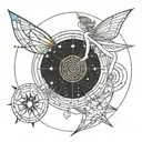 minimalist fairy flying over fibonacci spiral galaxy with stars tattoo design idea