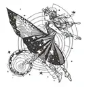 minimalist fairy flying over fibonacci spiral galaxy with stars tattoo design idea