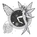 minimalist fairy flying over fibonacci spiral galaxy with stars tattoo design idea