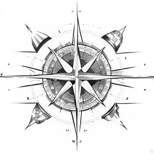 A dotwork illustration of a compass merging with a vintage world map tattoo design idea