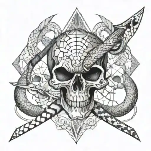 Snake wrapped around a dagger piercing a skull tattoo design idea