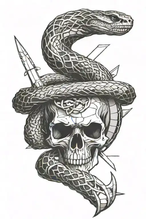 Snake wrapped around a dagger piercing a skull tattoo design idea