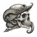 Snake wrapped around skull with dagger piercing tattoo design idea