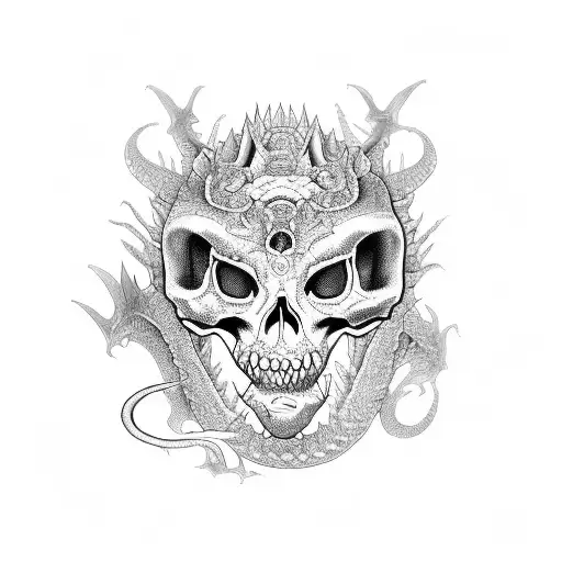 calavera rodeada de dragones chinos tattoo design idea