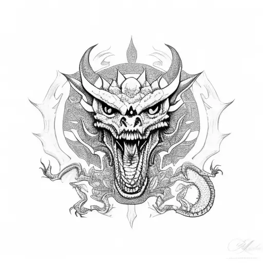 dragones chinos con calavera en el centro tattoo design idea