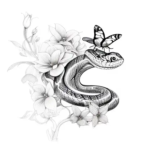 snake with butterfly and flowers  tattoo design idea