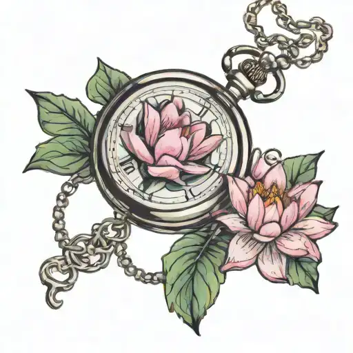 heart shaped pocket watch with pink water lily incorporated  tattoo design idea