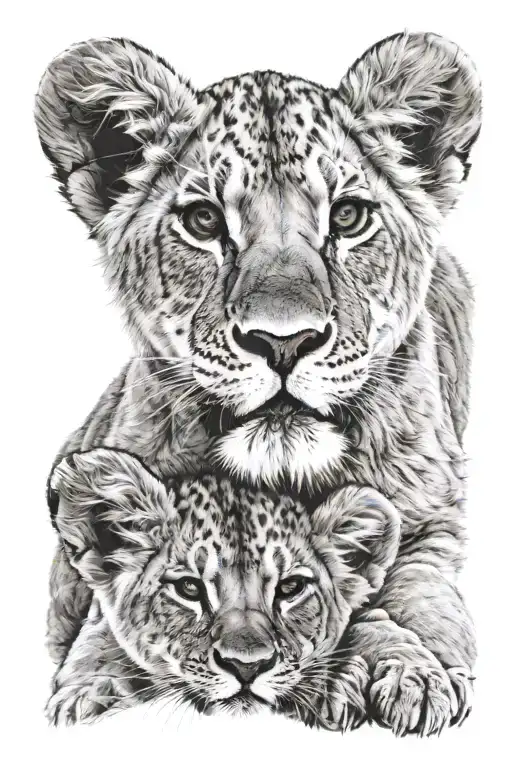 a lion cub on the lioness's head. one paw of the lion cub closes the left eyelid of the lioness. the right eye remains open tattoo design idea