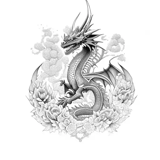 A majestic dragon surrounded by blooming flowers, symbolizing the balance between power and beauty tattoo design idea