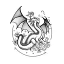 A sleeping dragon surrounded by flowers tattoo design idea