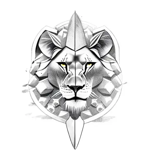 A fierce lioness with a shield and sword, symbolizing the client's role as a protector in their occupation as an athlete. tattoo design idea