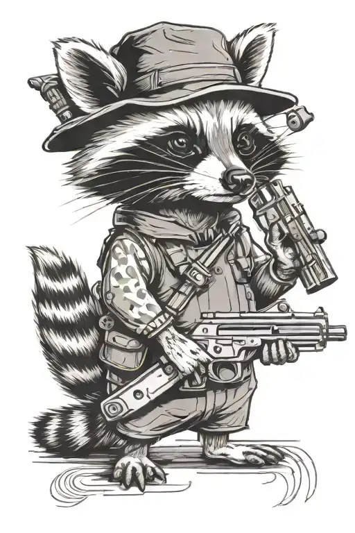 a  tattoo sketch of a raccoon holding a gun, depicted in full body. The design should not be overly detailed tattoo design idea