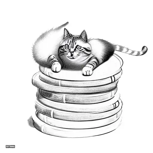 A cat curled up on a stack of books tattoo design idea